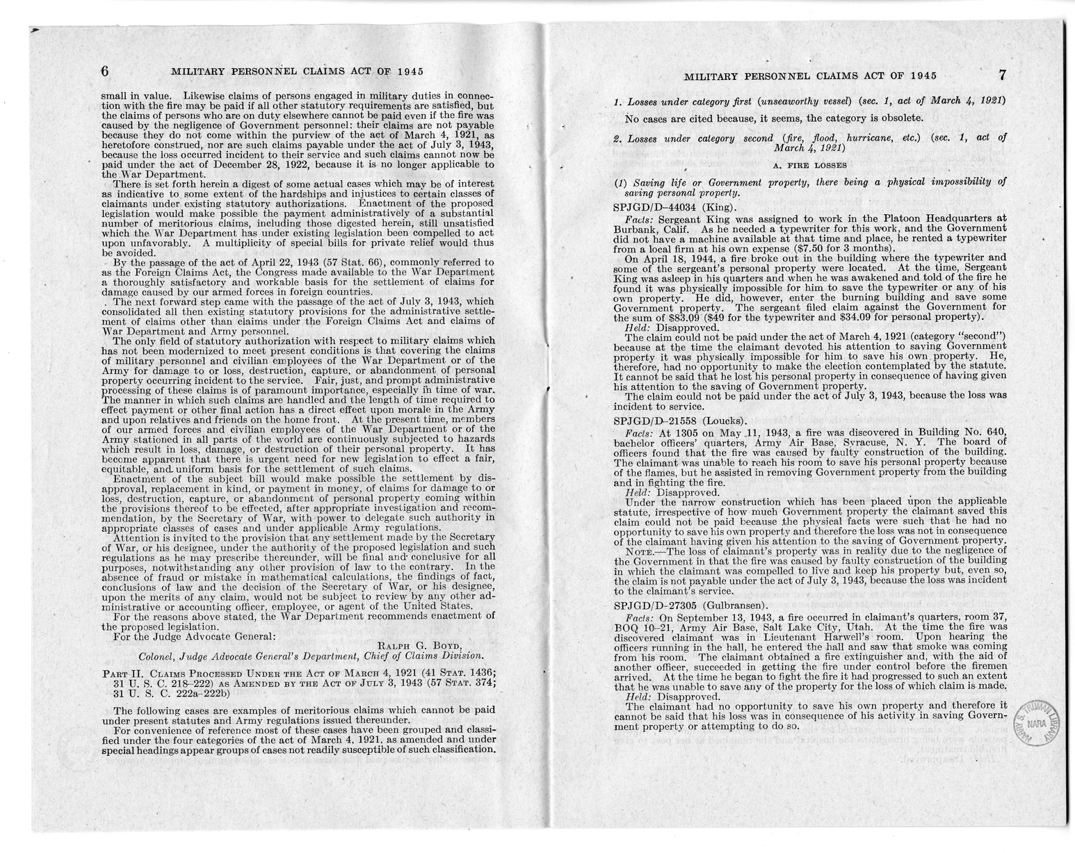 Memorandum from Harold D. Smith to M. C. Latta, H.R. 2068, To Provide for the Settlement of Claims of Military Personnel and Civilian Employees of the War Department or of the Army for Damage to or Loss, Destruction, Capture, or Abandonment of Personal Pr