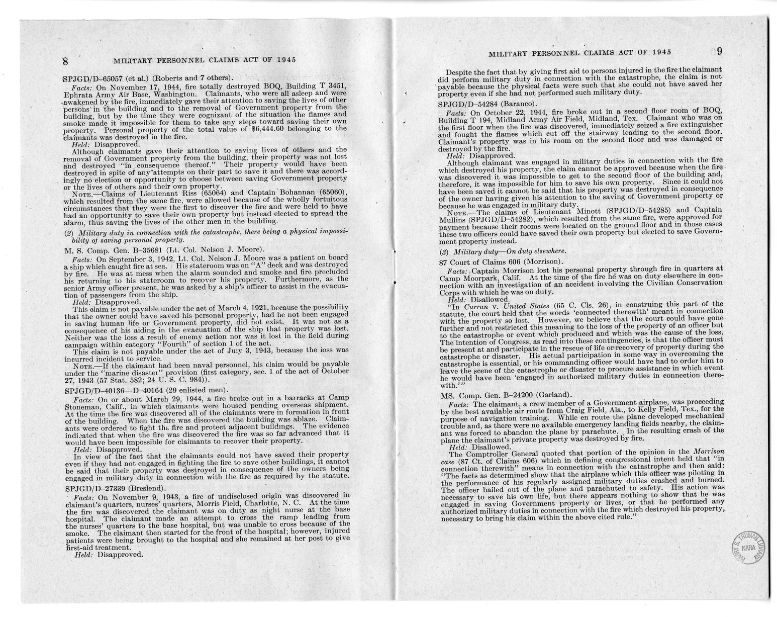 Memorandum from Harold D. Smith to M. C. Latta, H.R. 2068, To Provide for the Settlement of Claims of Military Personnel and Civilian Employees of the War Department or of the Army for Damage to or Loss, Destruction, Capture, or Abandonment of Personal Pr