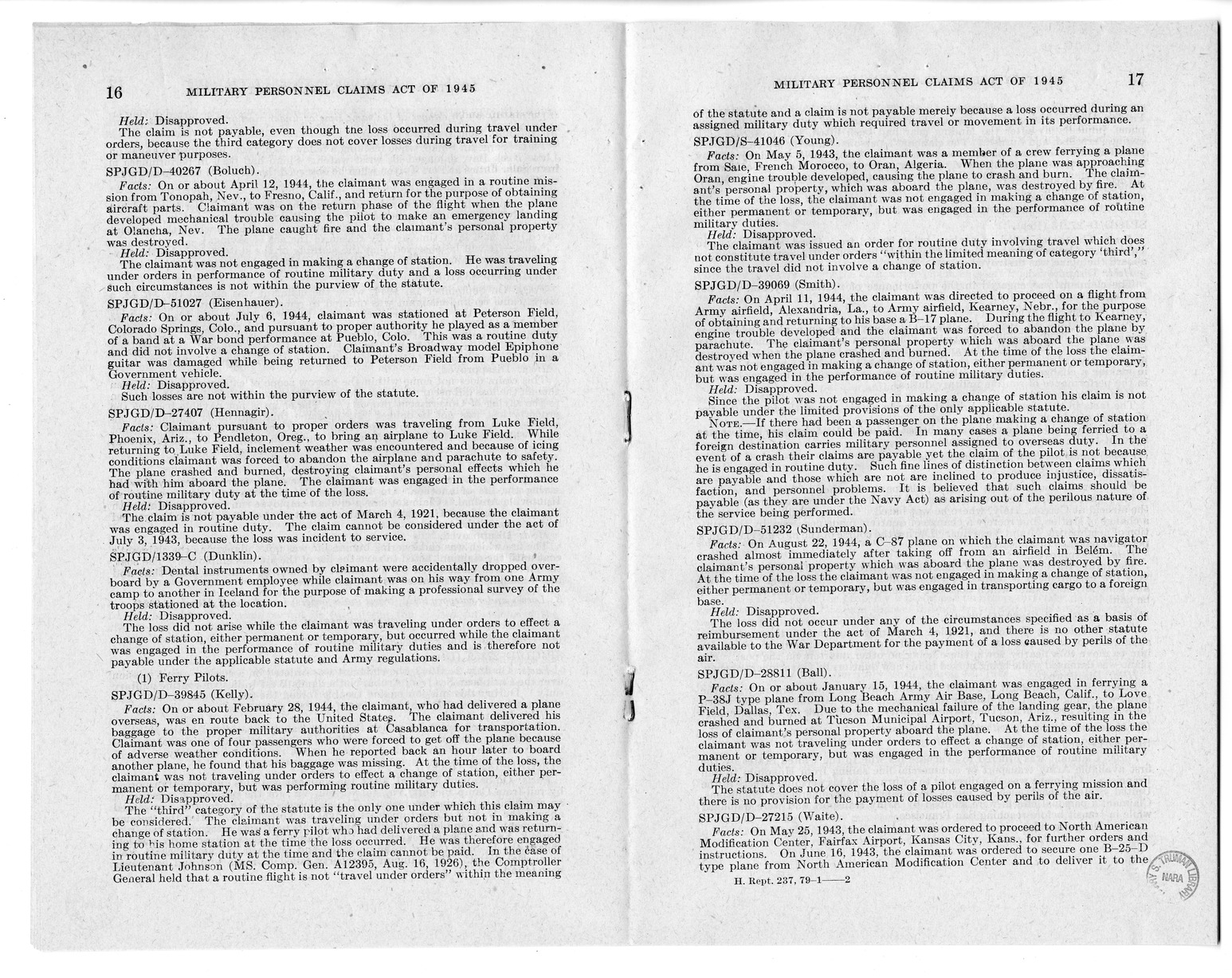 Memorandum from Harold D. Smith to M. C. Latta, H.R. 2068, To Provide for the Settlement of Claims of Military Personnel and Civilian Employees of the War Department or of the Army for Damage to or Loss, Destruction, Capture, or Abandonment of Personal Pr