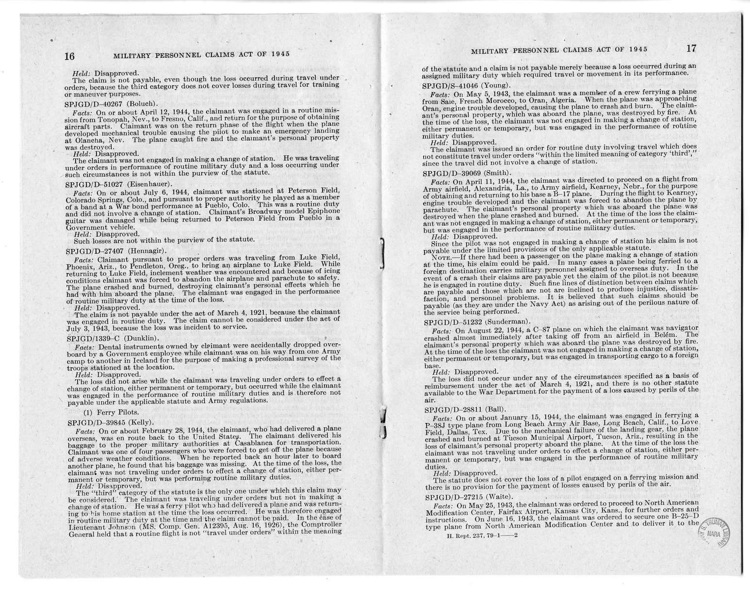 Memorandum from Harold D. Smith to M. C. Latta, H.R. 2068, To Provide for the Settlement of Claims of Military Personnel and Civilian Employees of the War Department or of the Army for Damage to or Loss, Destruction, Capture, or Abandonment of Personal Pr