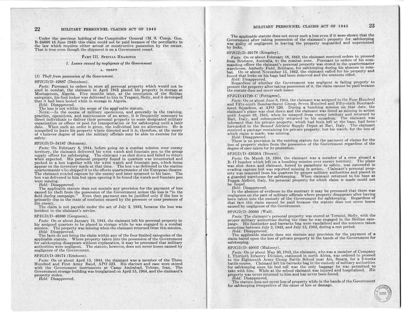 Memorandum from Harold D. Smith to M. C. Latta, H.R. 2068, To Provide for the Settlement of Claims of Military Personnel and Civilian Employees of the War Department or of the Army for Damage to or Loss, Destruction, Capture, or Abandonment of Personal Pr