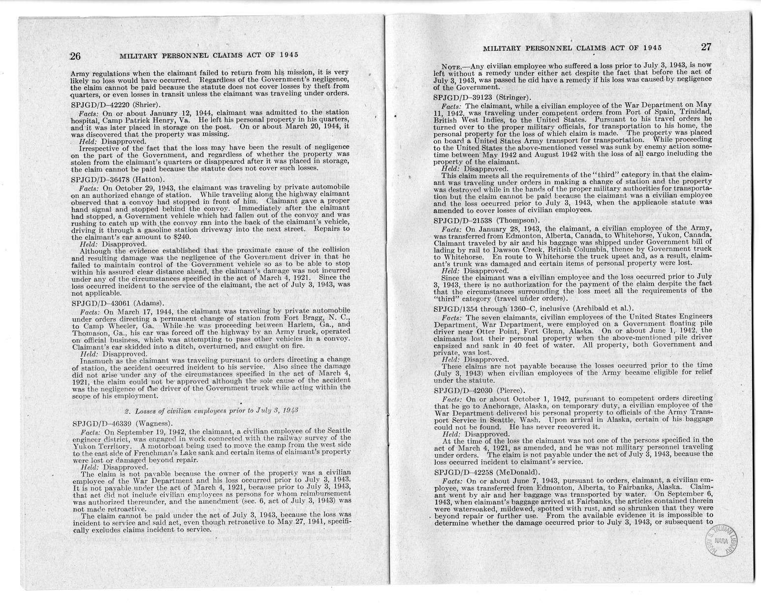 Memorandum from Harold D. Smith to M. C. Latta, H.R. 2068, To Provide for the Settlement of Claims of Military Personnel and Civilian Employees of the War Department or of the Army for Damage to or Loss, Destruction, Capture, or Abandonment of Personal Pr