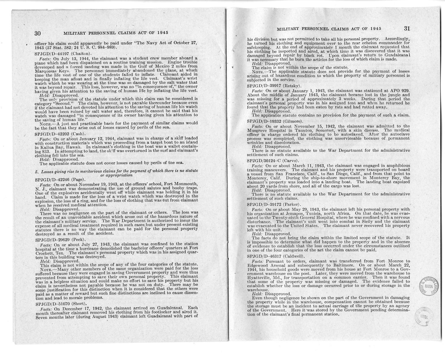 Memorandum from Harold D. Smith to M. C. Latta, H.R. 2068, To Provide for the Settlement of Claims of Military Personnel and Civilian Employees of the War Department or of the Army for Damage to or Loss, Destruction, Capture, or Abandonment of Personal Pr