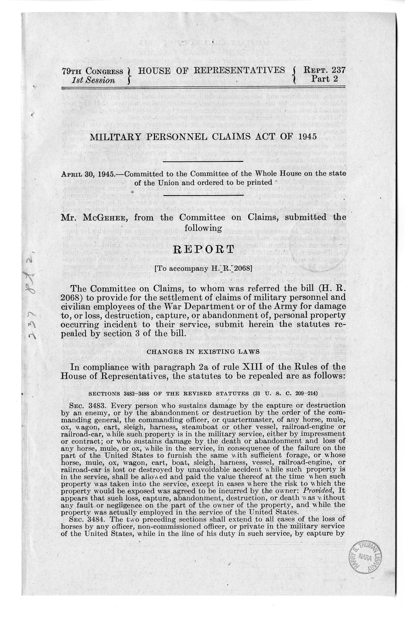 Memorandum from Harold D. Smith to M. C. Latta, H.R. 2068, To Provide for the Settlement of Claims of Military Personnel and Civilian Employees of the War Department or of the Army for Damage to or Loss, Destruction, Capture, or Abandonment of Personal Pr