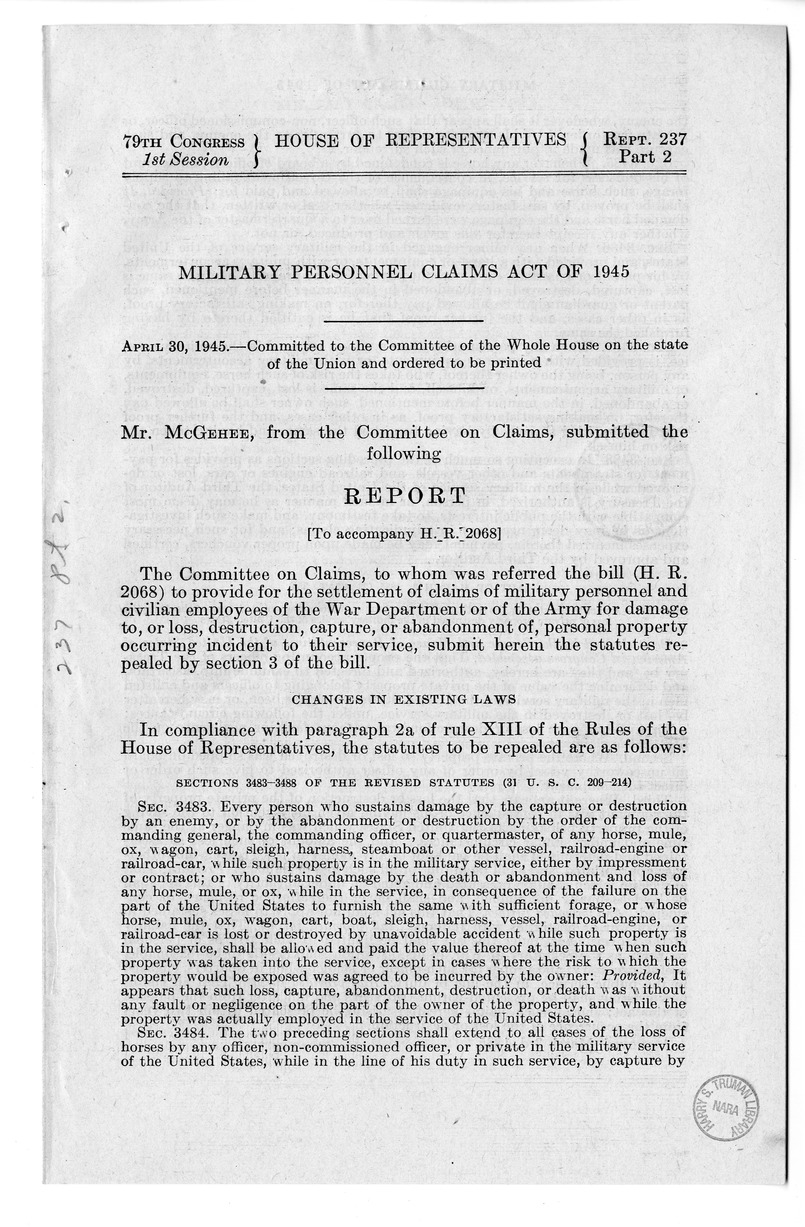 Memorandum from Harold D. Smith to M. C. Latta, H.R. 2068, To Provide for the Settlement of Claims of Military Personnel and Civilian Employees of the War Department or of the Army for Damage to or Loss, Destruction, Capture, or Abandonment of Personal Pr