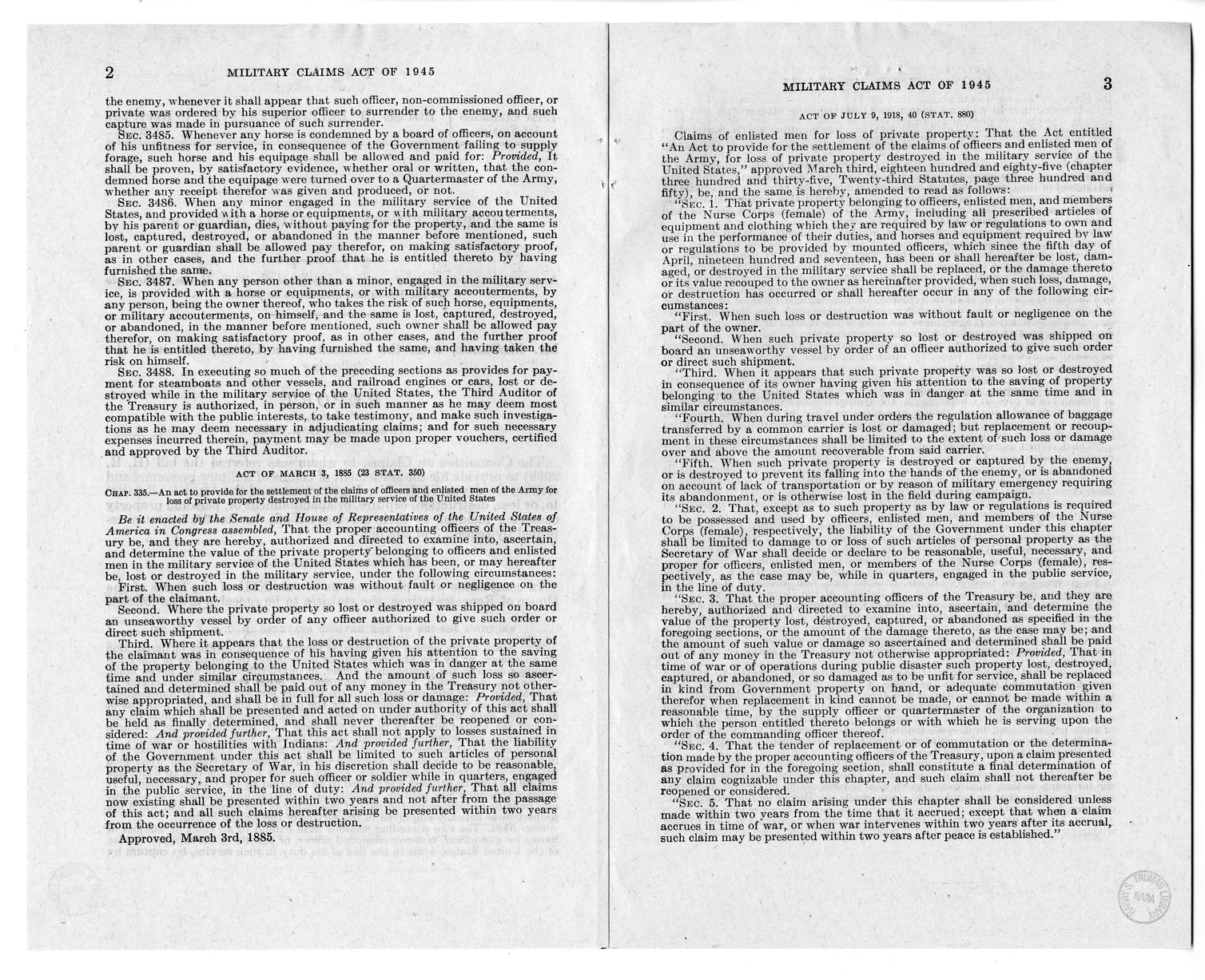 Memorandum from Harold D. Smith to M. C. Latta, H.R. 2068, To Provide for the Settlement of Claims of Military Personnel and Civilian Employees of the War Department or of the Army for Damage to or Loss, Destruction, Capture, or Abandonment of Personal Pr