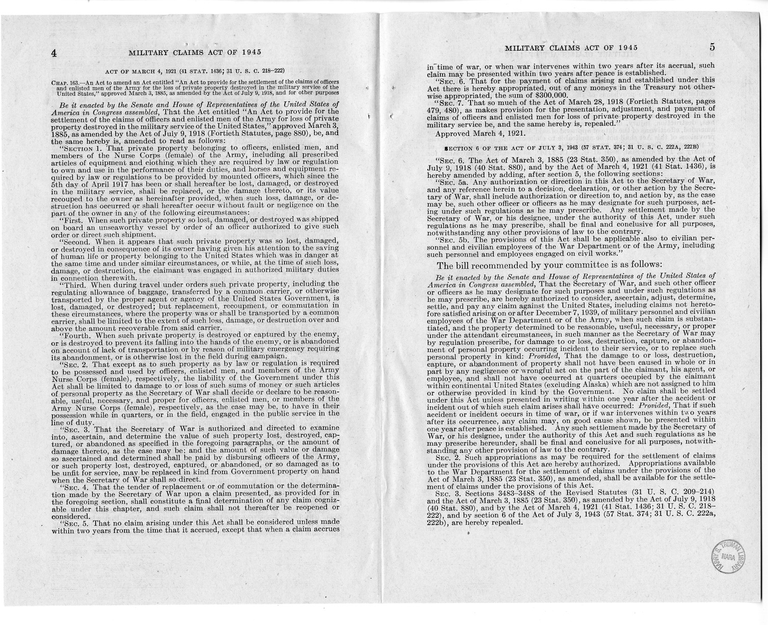 Memorandum from Harold D. Smith to M. C. Latta, H.R. 2068, To Provide for the Settlement of Claims of Military Personnel and Civilian Employees of the War Department or of the Army for Damage to or Loss, Destruction, Capture, or Abandonment of Personal Pr