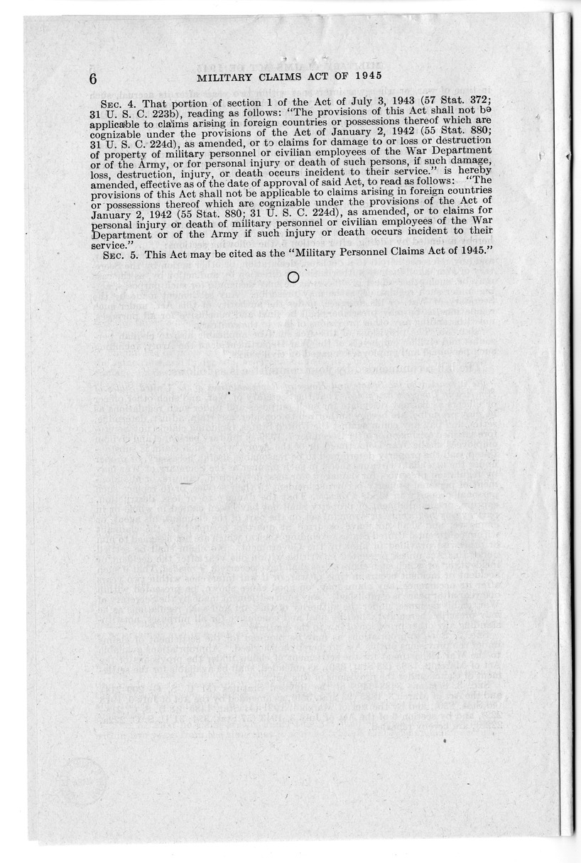 Memorandum from Harold D. Smith to M. C. Latta, H.R. 2068, To Provide for the Settlement of Claims of Military Personnel and Civilian Employees of the War Department or of the Army for Damage to or Loss, Destruction, Capture, or Abandonment of Personal Pr