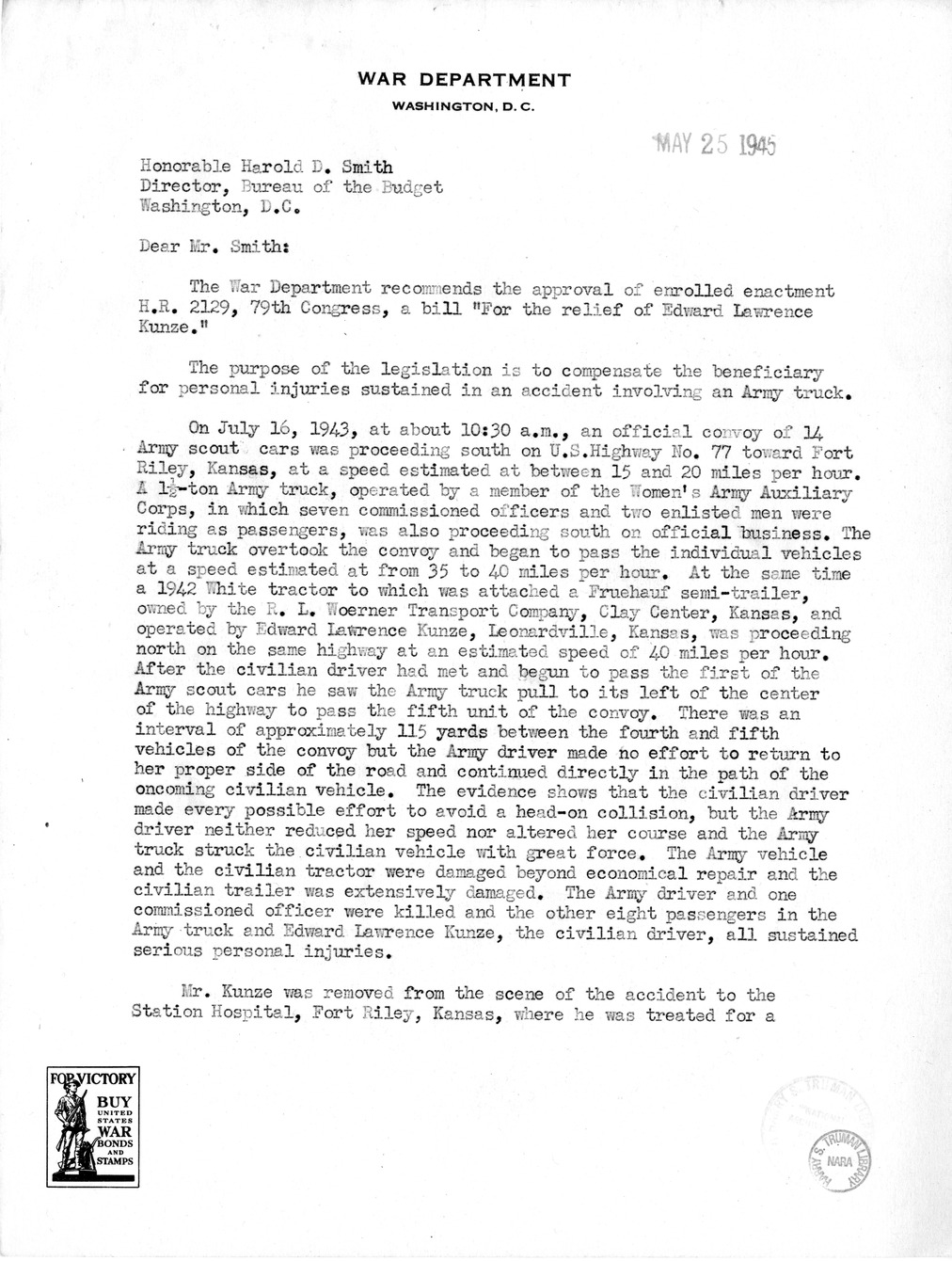 Memorandum from Frederick J. Bailey to M. C. Latta, H.R. 2129, For the Relief of Edward Lawrence Kunze, with Attachments