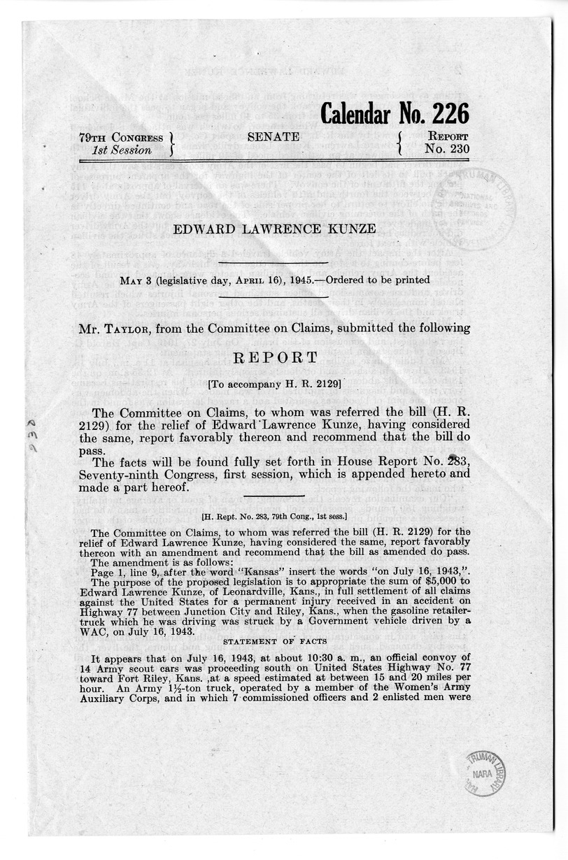 Memorandum from Frederick J. Bailey to M. C. Latta, H.R. 2129, For the Relief of Edward Lawrence Kunze, with Attachments