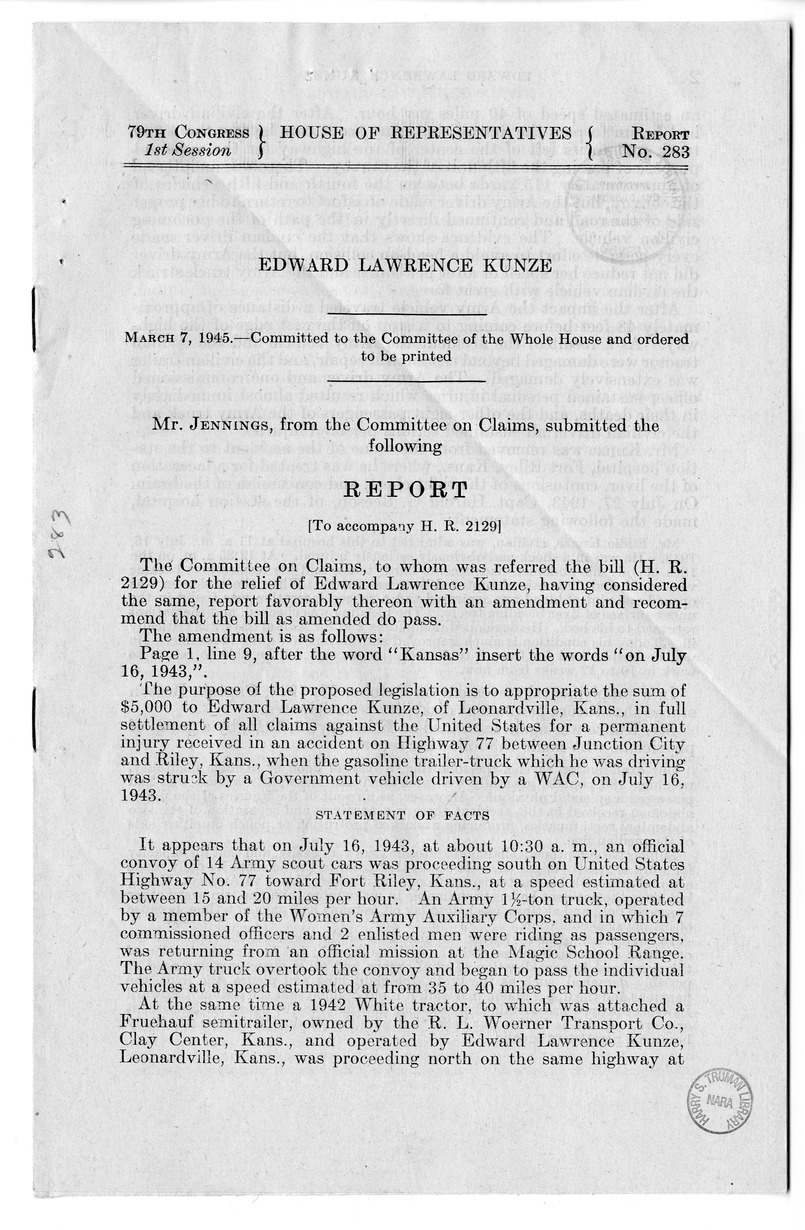 Memorandum from Frederick J. Bailey to M. C. Latta, H.R. 2129, For the Relief of Edward Lawrence Kunze, with Attachments