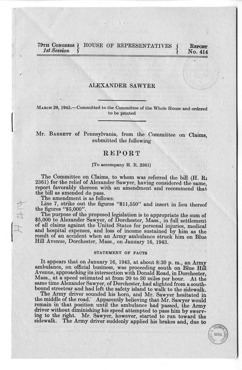 Memorandum from Frederick J. Bailey to M. C. Latta, S. 2361, for the Relief of Alexander Sawyer, with Attachments