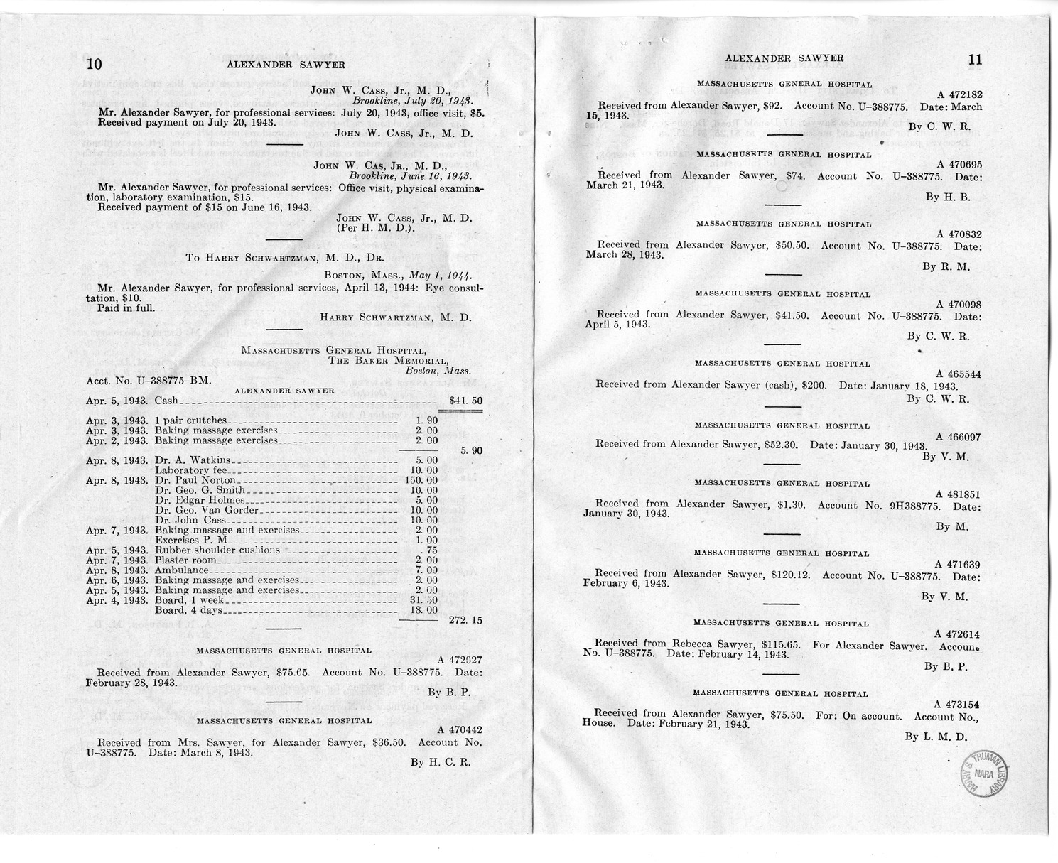 Memorandum from Frederick J. Bailey to M. C. Latta, S. 2361, for the Relief of Alexander Sawyer, with Attachments