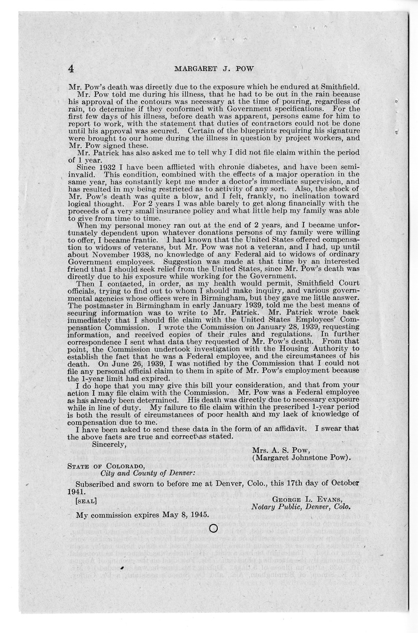 Memorandum from Frederick J. Bailey to M. C. Latta, H. R. 2701, for the Relief of Margaret J. Pow, with Attachments