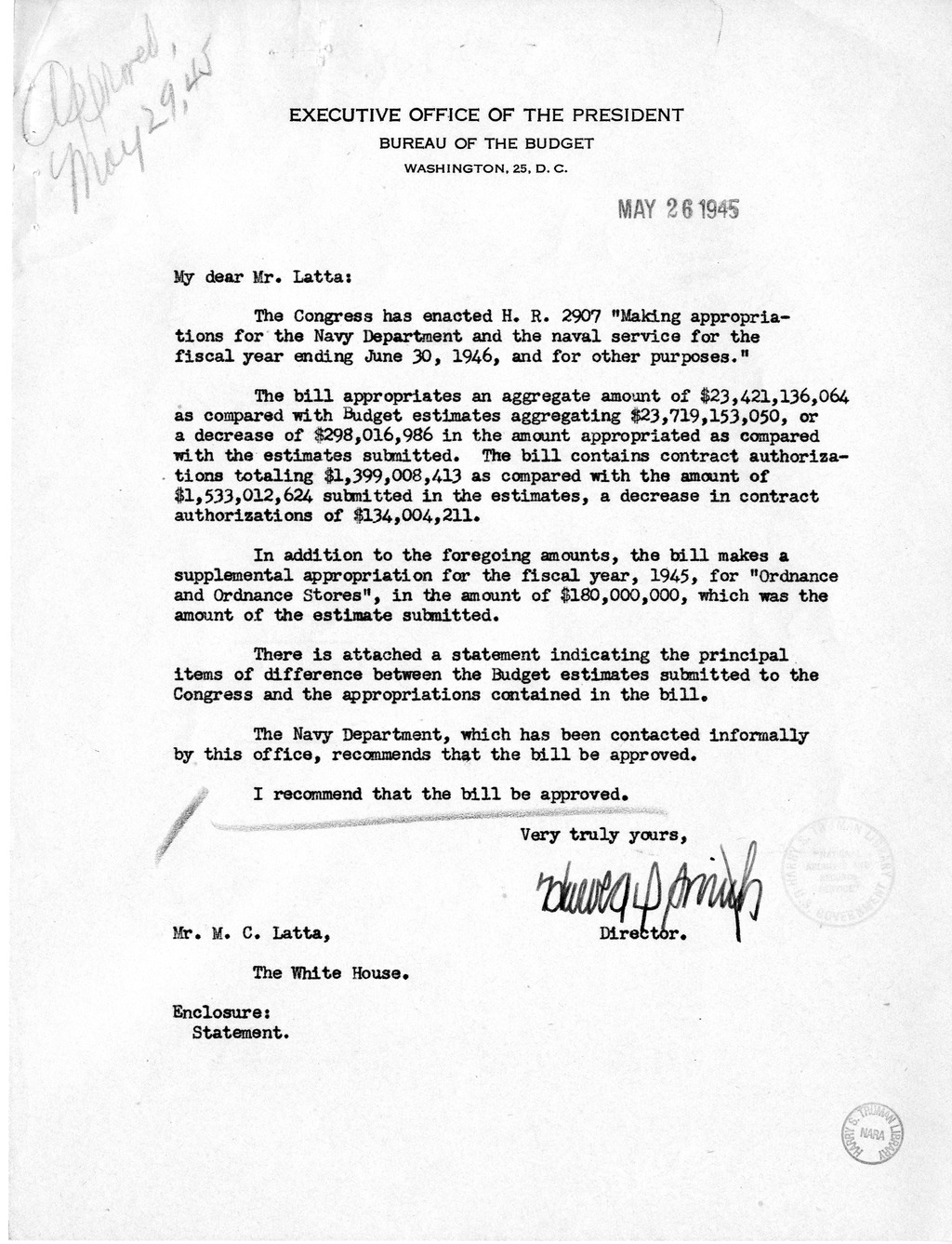 Memorandum from Harold D. Smith to M.C. Latta, H.R. 2907, Making Appropriations for the Navy Department and the Naval Service, with Attachments
