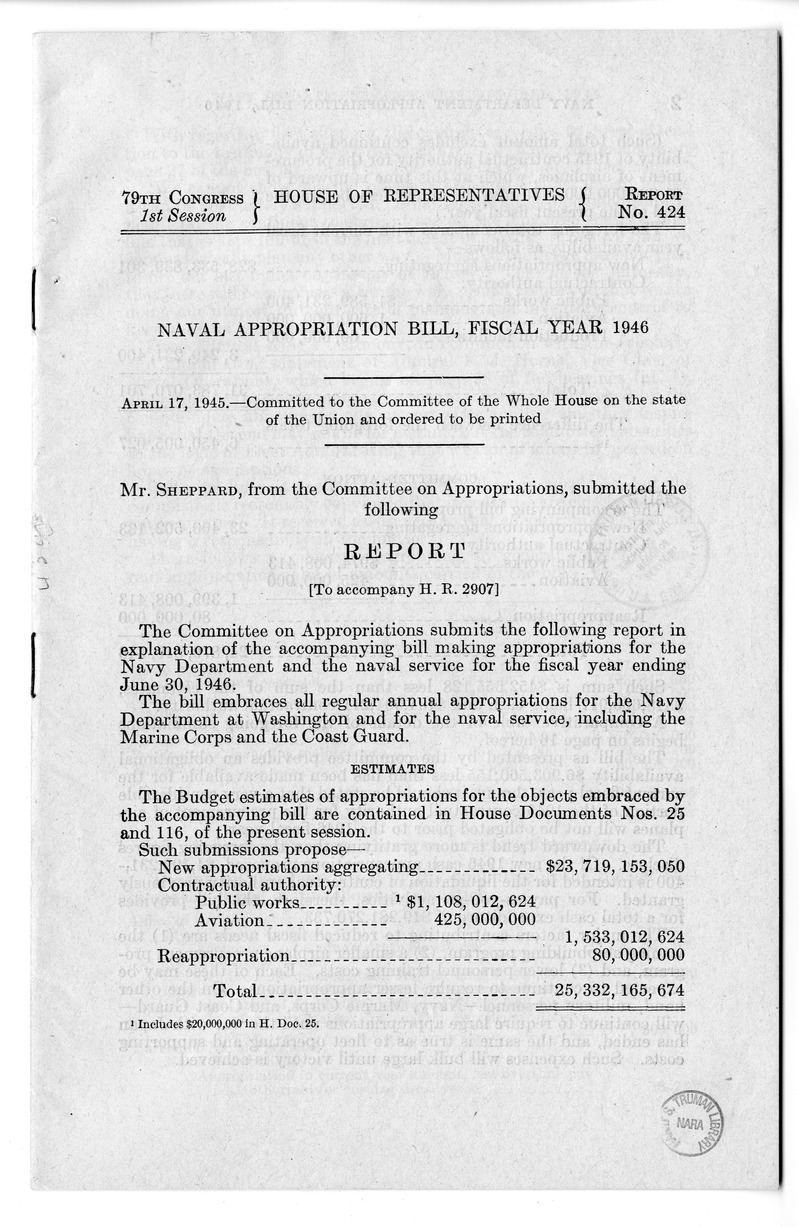 Memorandum from Harold D. Smith to M.C. Latta, H.R. 2907, Making Appropriations for the Navy Department and the Naval Service, with Attachments