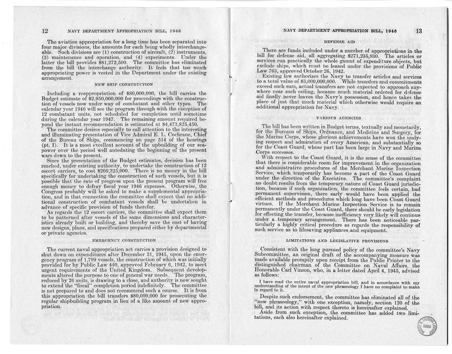 Memorandum from Harold D. Smith to M.C. Latta, H.R. 2907, Making Appropriations for the Navy Department and the Naval Service, with Attachments