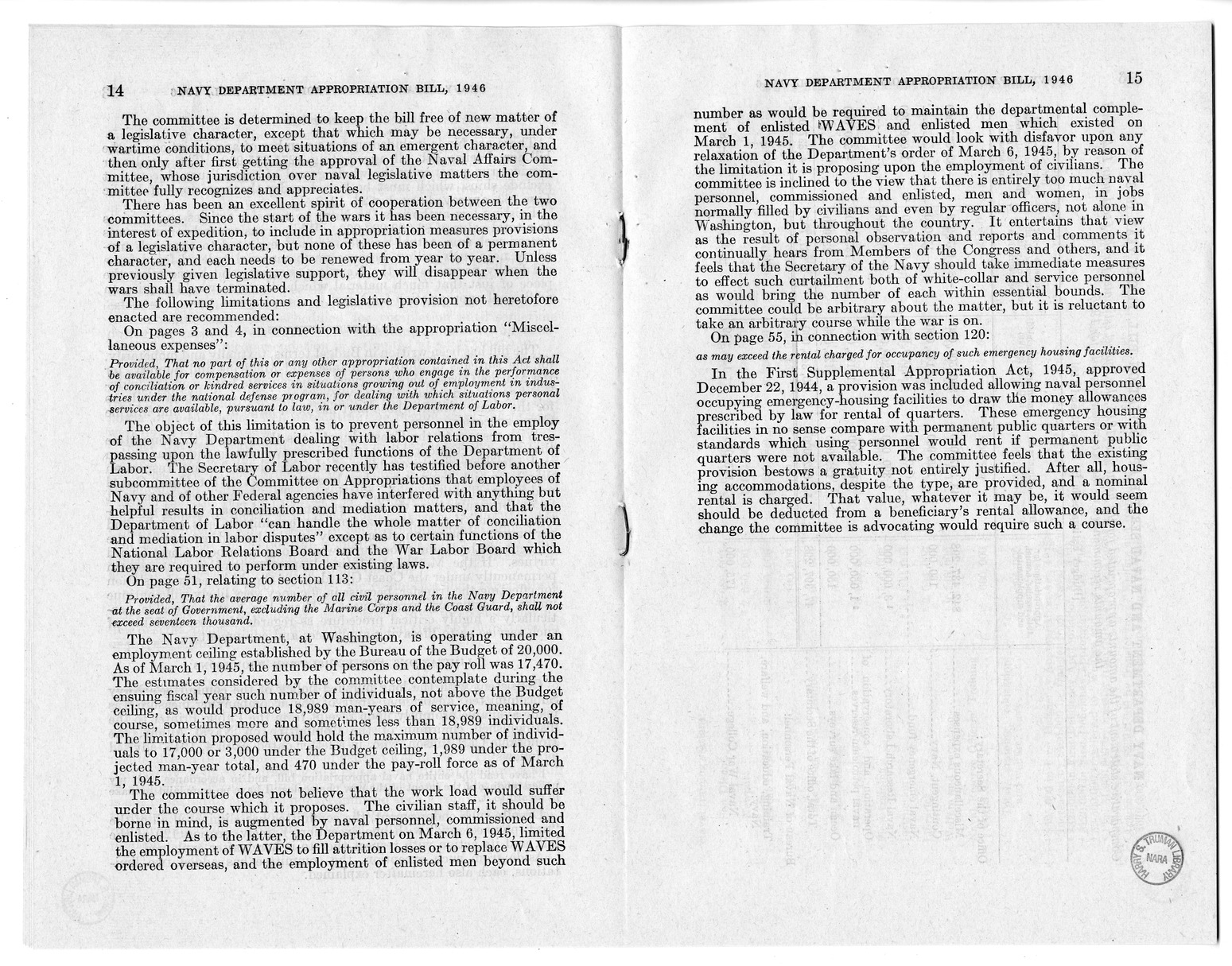 Memorandum from Harold D. Smith to M.C. Latta, H.R. 2907, Making Appropriations for the Navy Department and the Naval Service, with Attachments