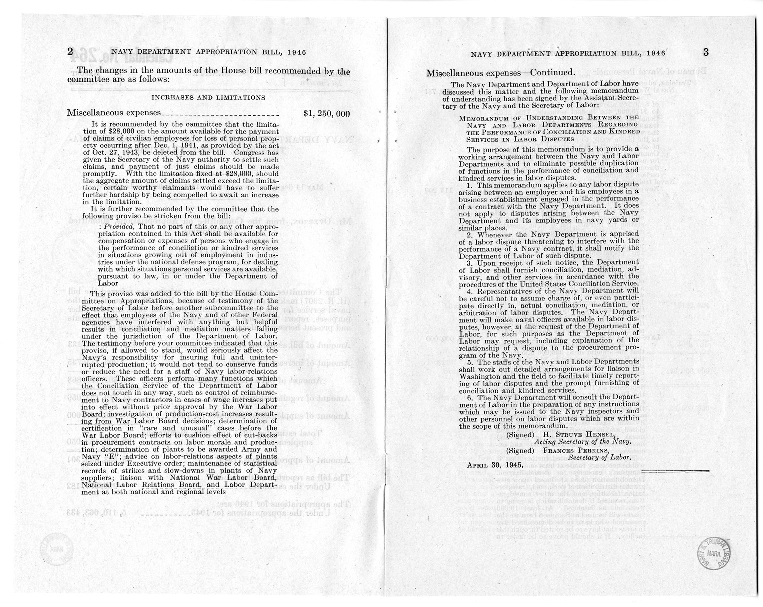 Memorandum from Harold D. Smith to M.C. Latta, H.R. 2907, Making Appropriations for the Navy Department and the Naval Service, with Attachments