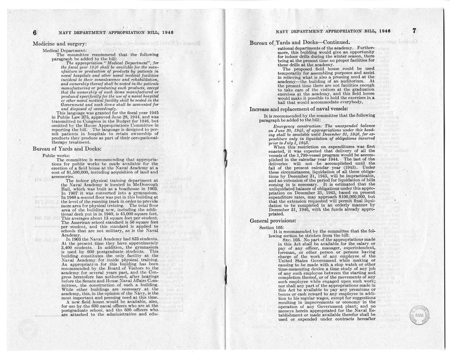 Memorandum from Harold D. Smith to M.C. Latta, H.R. 2907, Making Appropriations for the Navy Department and the Naval Service, with Attachments