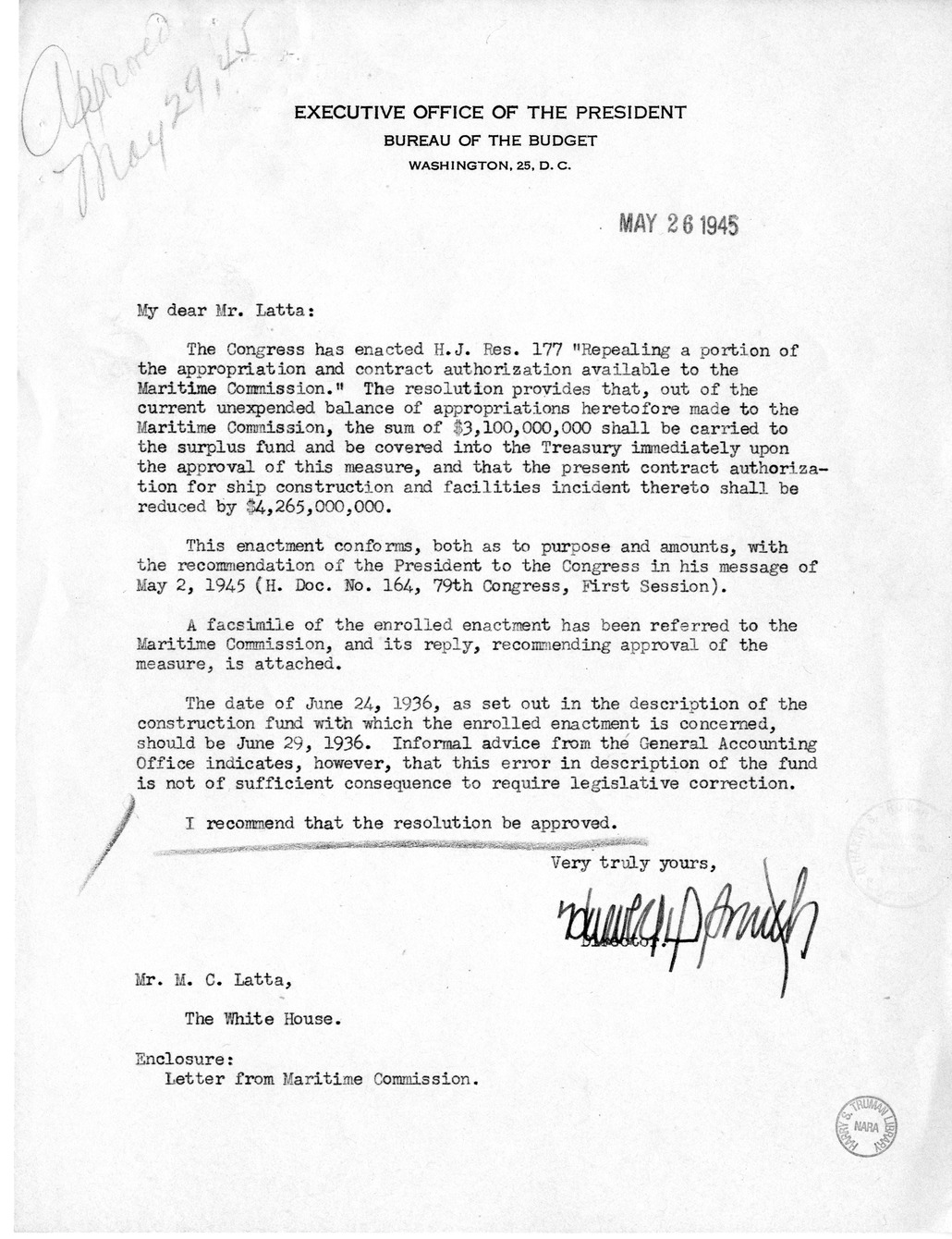 Memorandum from Harold D. Smith to M. C. Latta, H.J. Res. 177, Repealing a Portion of the Appropriation and Contract Authorization Available to the Maritime Commission, with Attachments