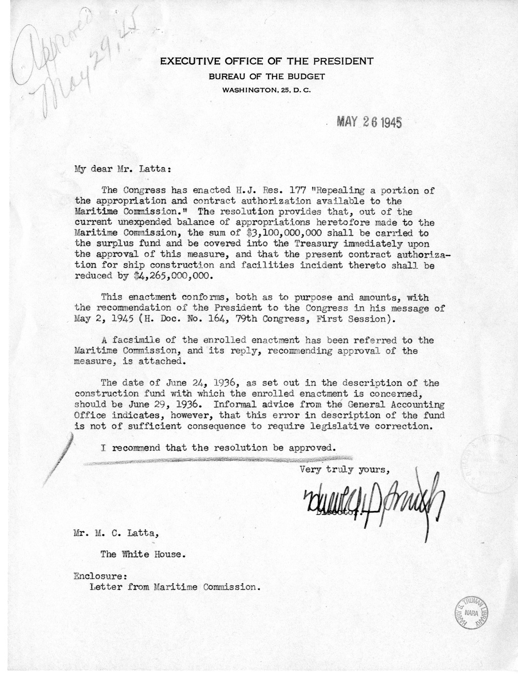 Memorandum from Harold D. Smith to M. C. Latta, H.J. Res. 177, Repealing a Portion of the Appropriation and Contract Authorization Available to the Maritime Commission, with Attachments