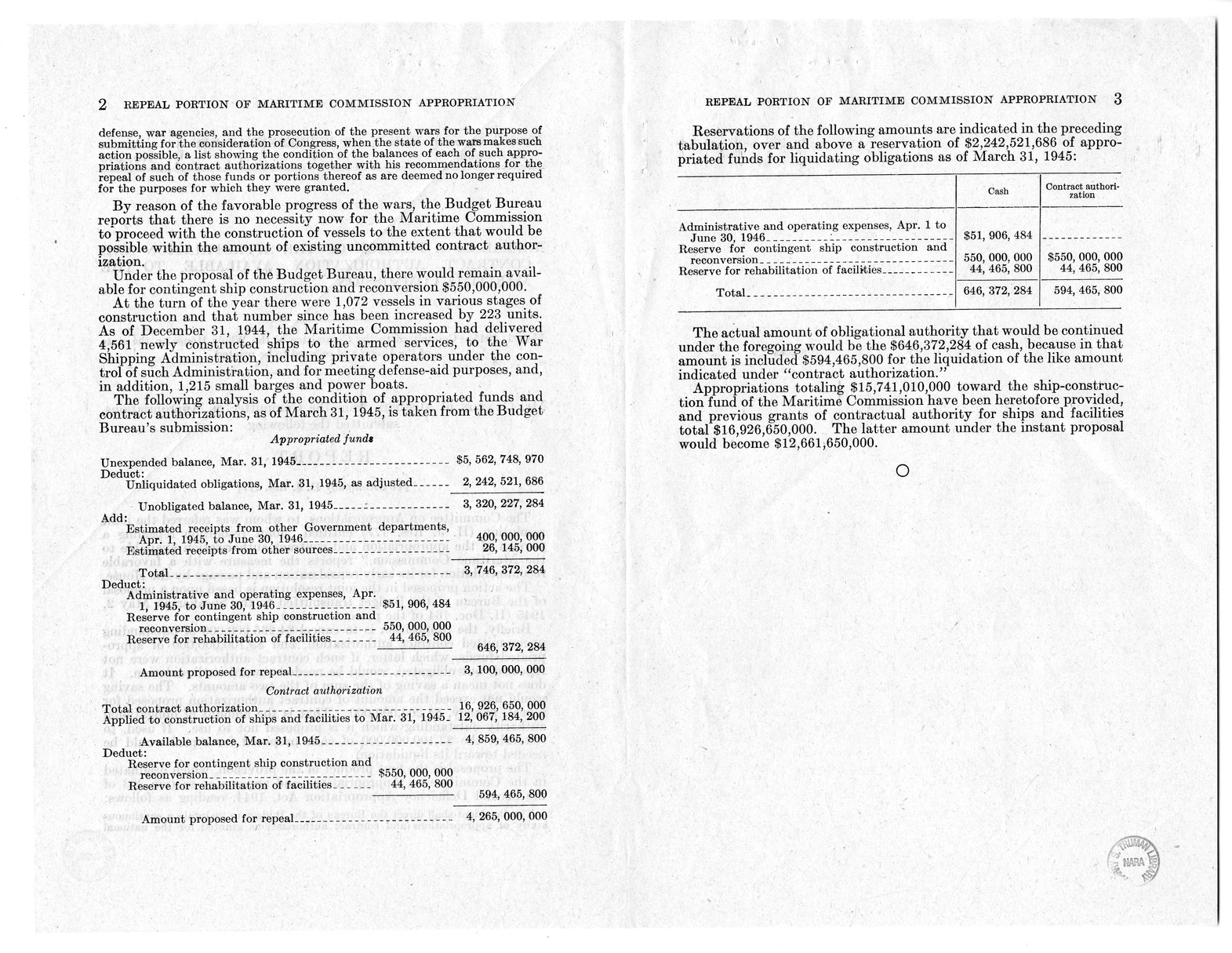 Memorandum from Harold D. Smith to M. C. Latta, H.J. Res. 177, Repealing a Portion of the Appropriation and Contract Authorization Available to the Maritime Commission, with Attachments