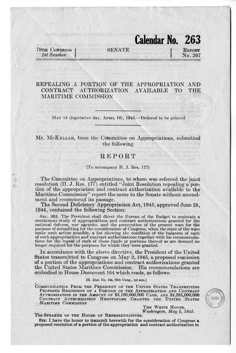 Memorandum from Harold D. Smith to M. C. Latta, H.J. Res. 177, Repealing a Portion of the Appropriation and Contract Authorization Available to the Maritime Commission, with Attachments