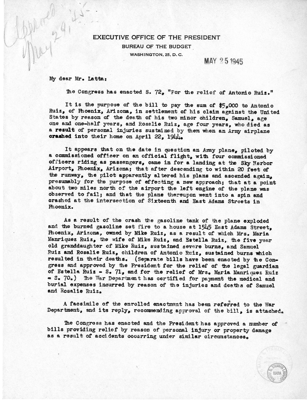 Memorandum from Frederick J. Bailey to M. C. Latta, S. 72, for the Relief of Antonio Ruiz, with Attachments