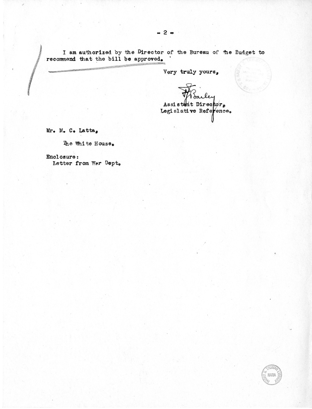 Memorandum from Frederick J. Bailey to M. C. Latta, S. 72, for the Relief of Antonio Ruiz, with Attachments