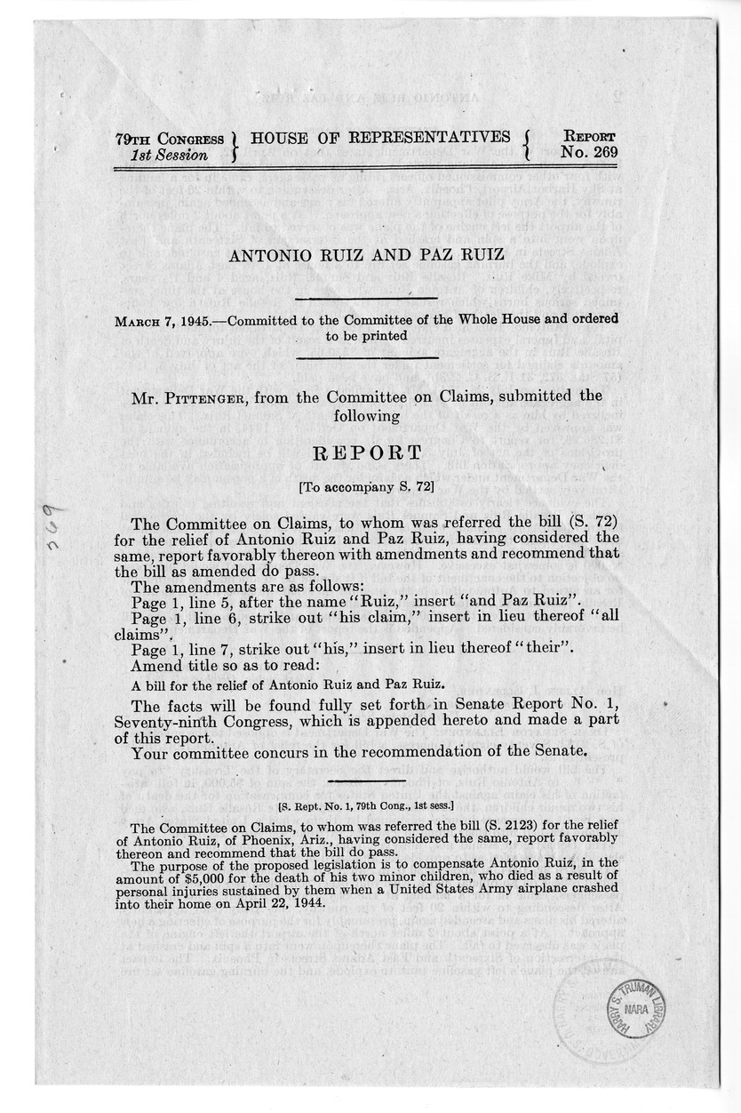 Memorandum from Frederick J. Bailey to M. C. Latta, S. 72, for the Relief of Antonio Ruiz, with Attachments