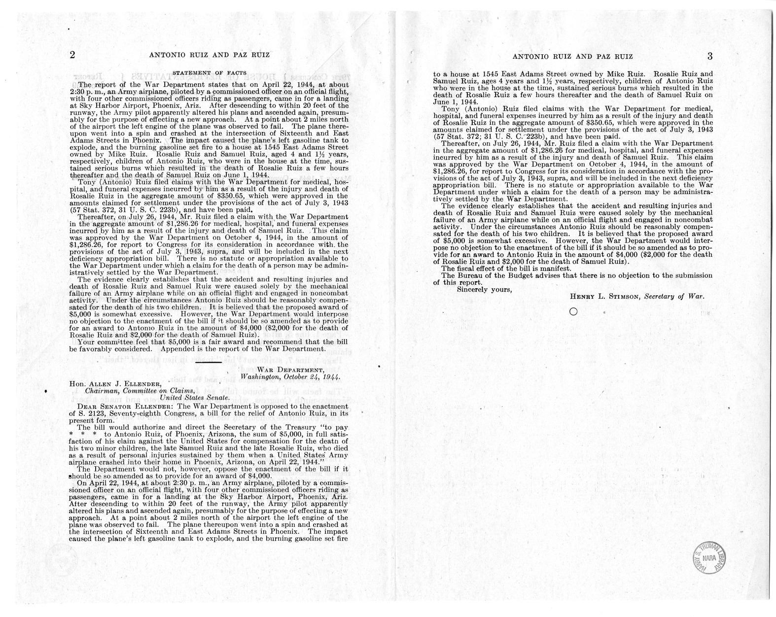 Memorandum from Frederick J. Bailey to M. C. Latta, S. 72, for the Relief of Antonio Ruiz, with Attachments