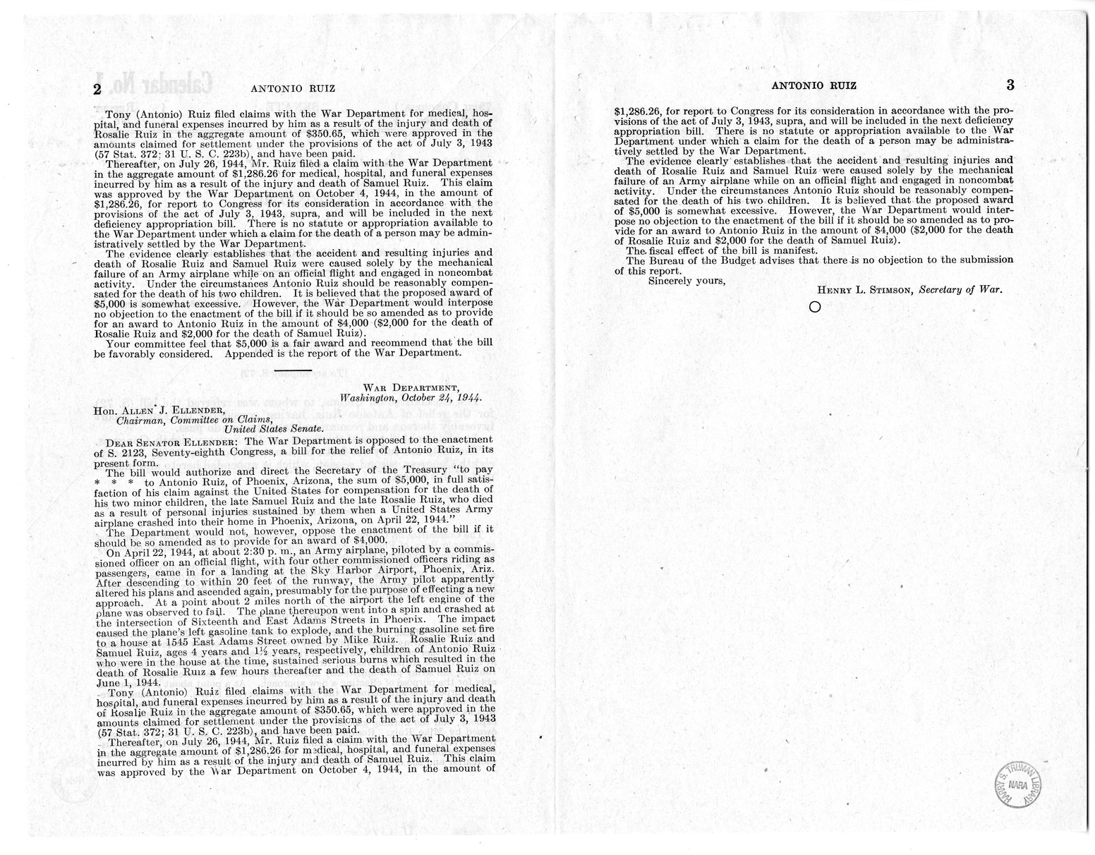 Memorandum from Frederick J. Bailey to M. C. Latta, S. 72, for the Relief of Antonio Ruiz, with Attachments