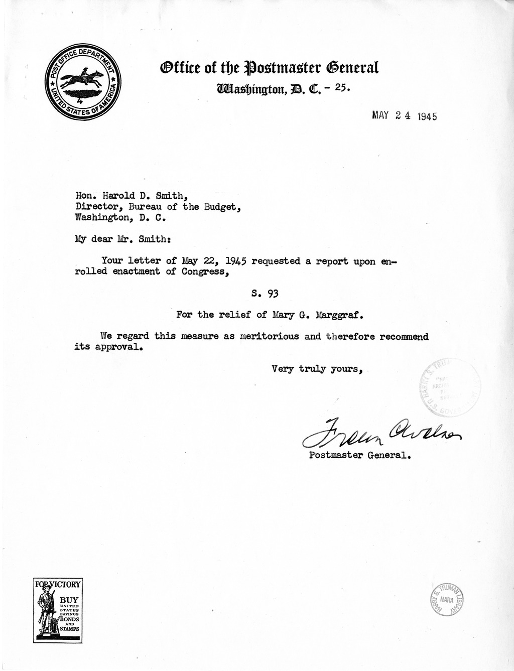Memorandum from Frederick J. Bailey to M. C. Latta, S. 93, for the Relief of Mary G. Marggraf, with Attachments