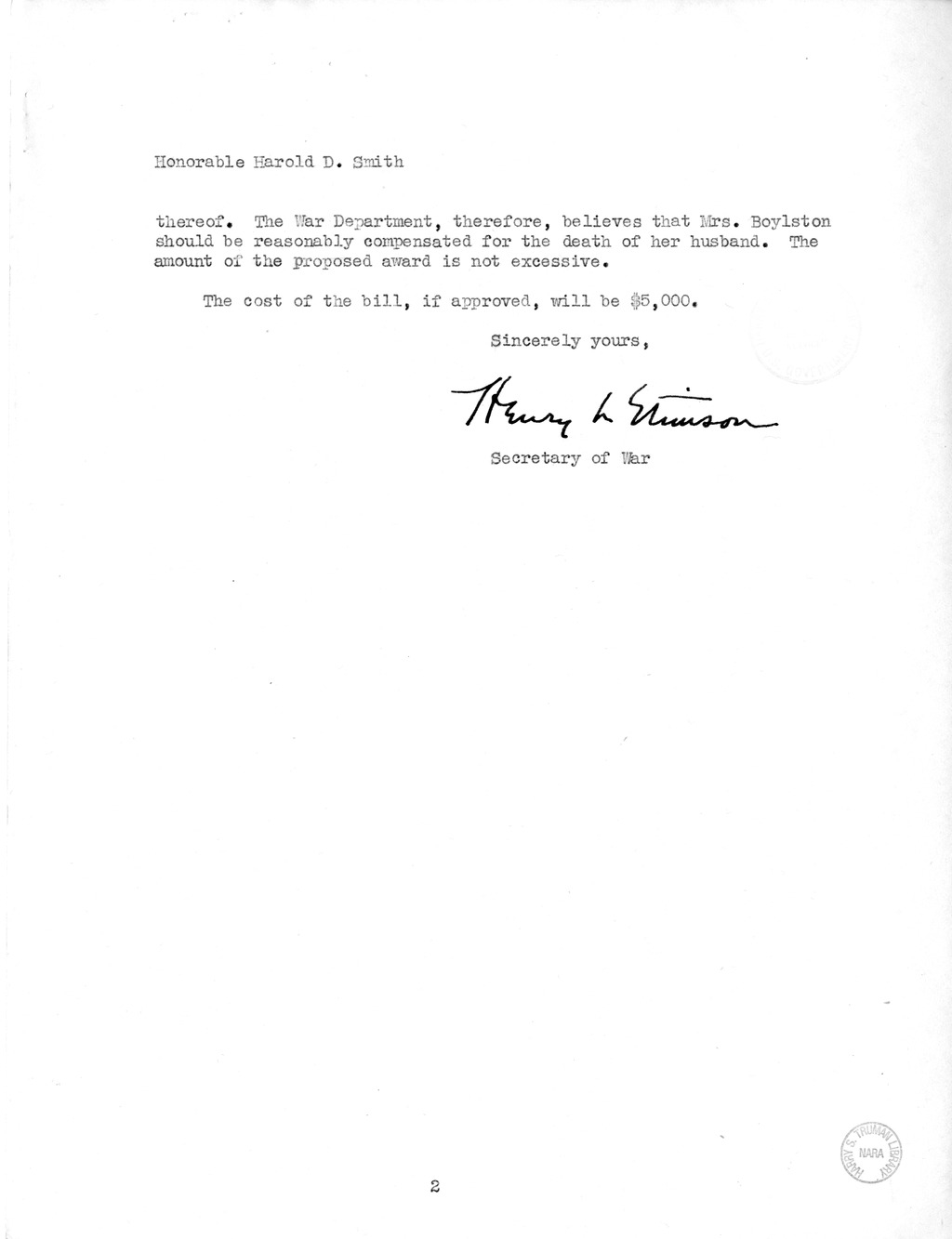 Memorandum from Frederick J. Bailey to M. C. Latta, S. 194, For the Relief of Mrs. Glenn T. Boylston, with Attachments