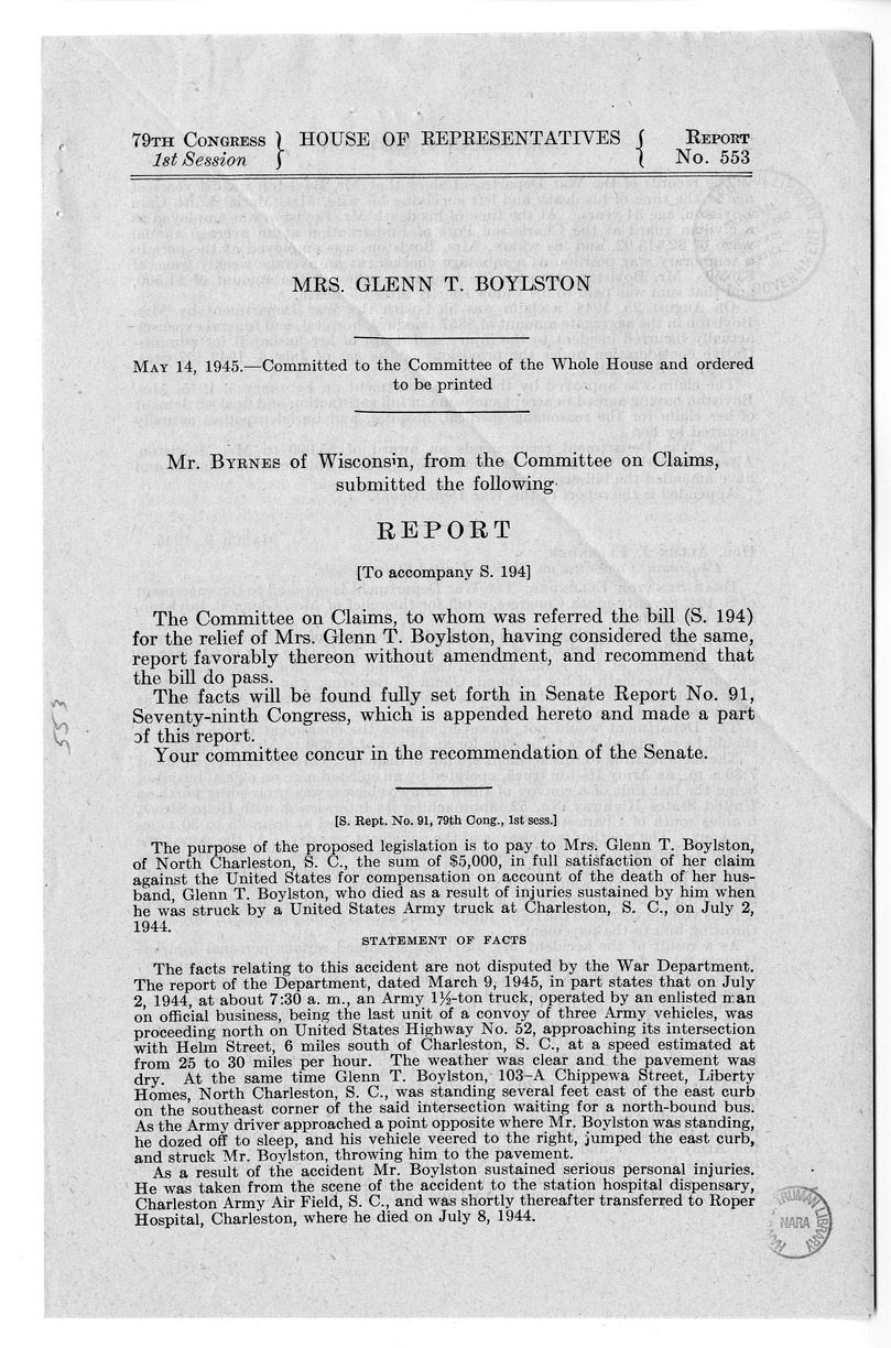 Memorandum from Frederick J. Bailey to M. C. Latta, S. 194, For the Relief of Mrs. Glenn T. Boylston, with Attachments