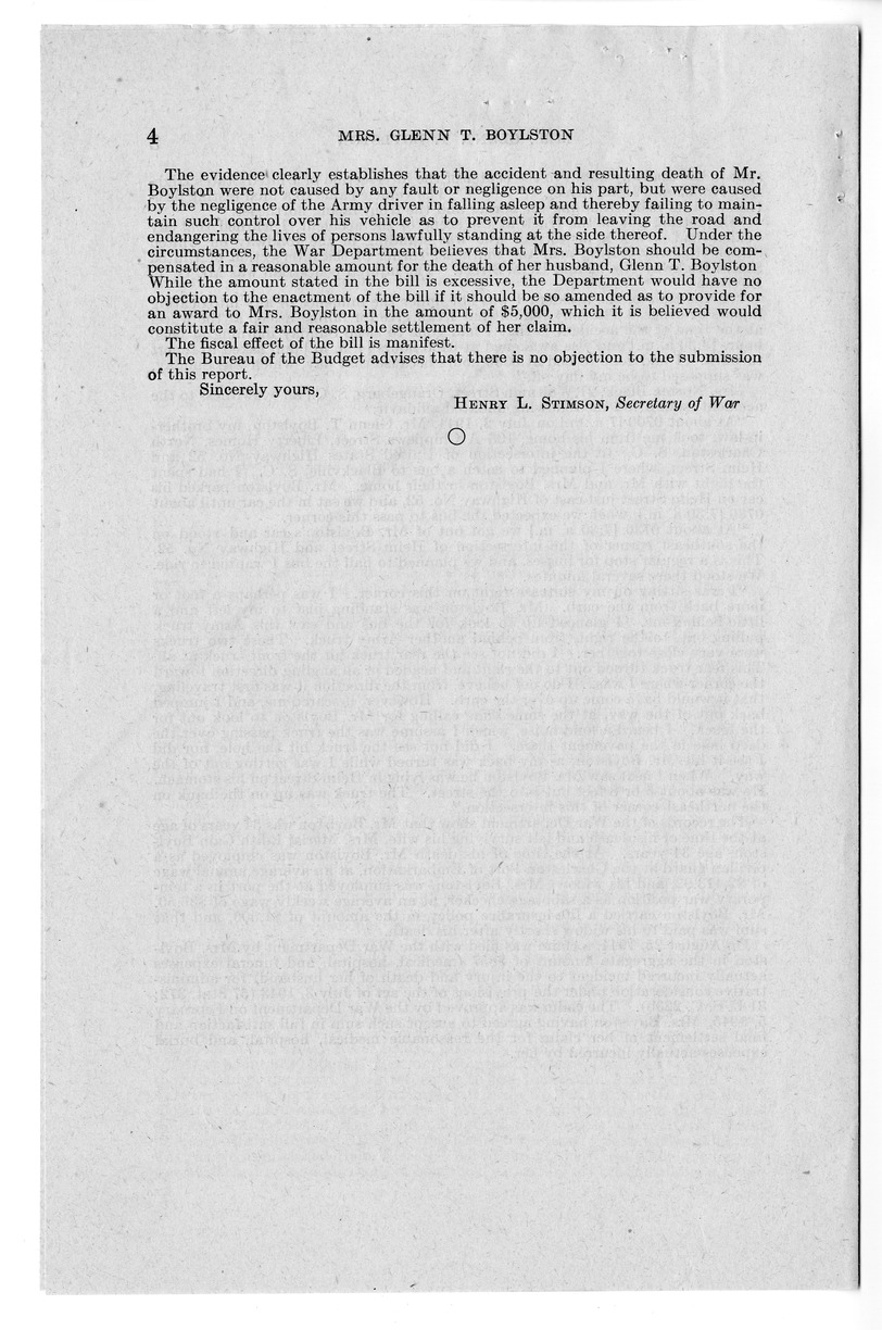 Memorandum from Frederick J. Bailey to M. C. Latta, S. 194, For the Relief of Mrs. Glenn T. Boylston, with Attachments