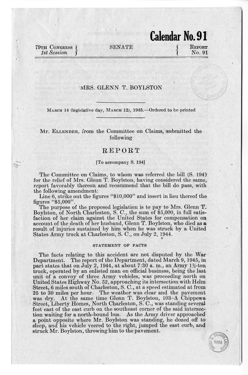 Memorandum from Frederick J. Bailey to M. C. Latta, S. 194, For the Relief of Mrs. Glenn T. Boylston, with Attachments