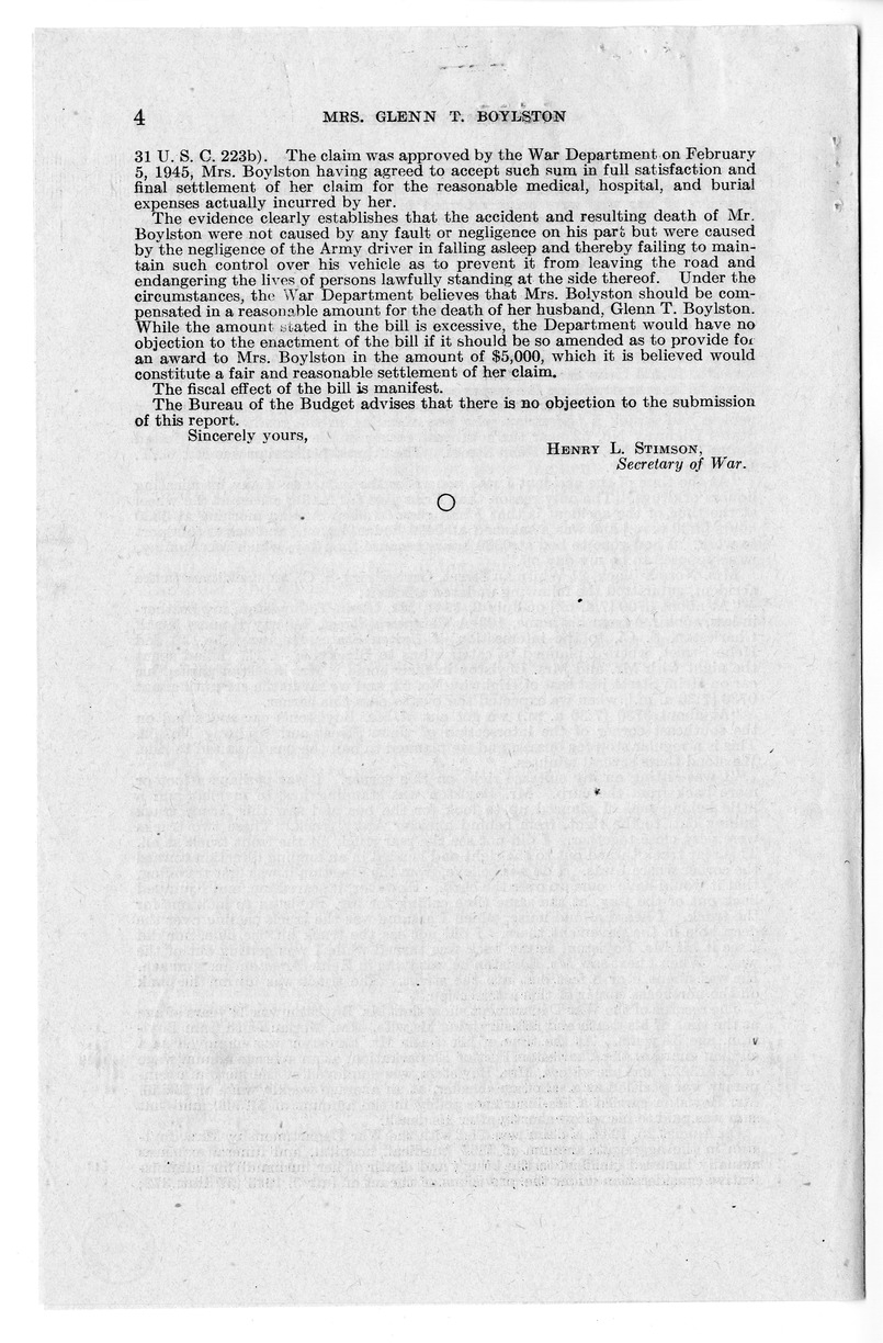 Memorandum from Frederick J. Bailey to M. C. Latta, S. 194, For the Relief of Mrs. Glenn T. Boylston, with Attachments