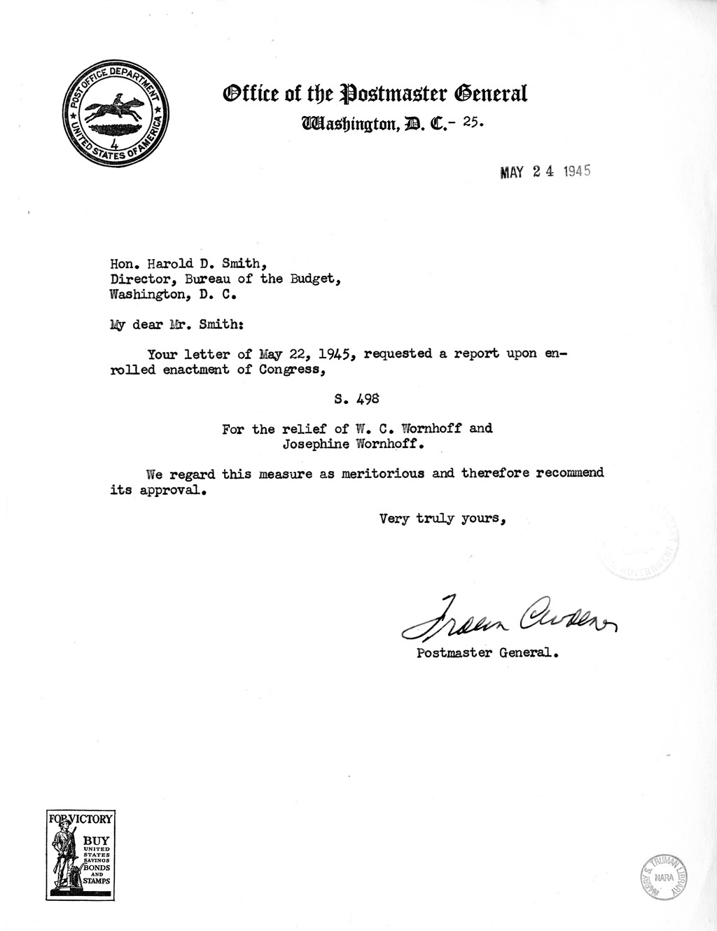 Memorandum from Frederick J. Bailey to M. C. Latta, S. 498, For the Relief of W. C. Wornhoff and Josephine Wornhoff, with Attachments