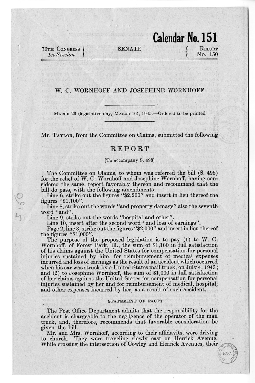 Memorandum from Frederick J. Bailey to M. C. Latta, S. 498, For the Relief of W. C. Wornhoff and Josephine Wornhoff, with Attachments