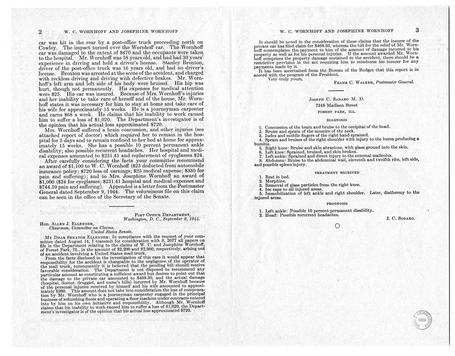 Memorandum from Frederick J. Bailey to M. C. Latta, S. 498, For the Relief of W. C. Wornhoff and Josephine Wornhoff, with Attachments