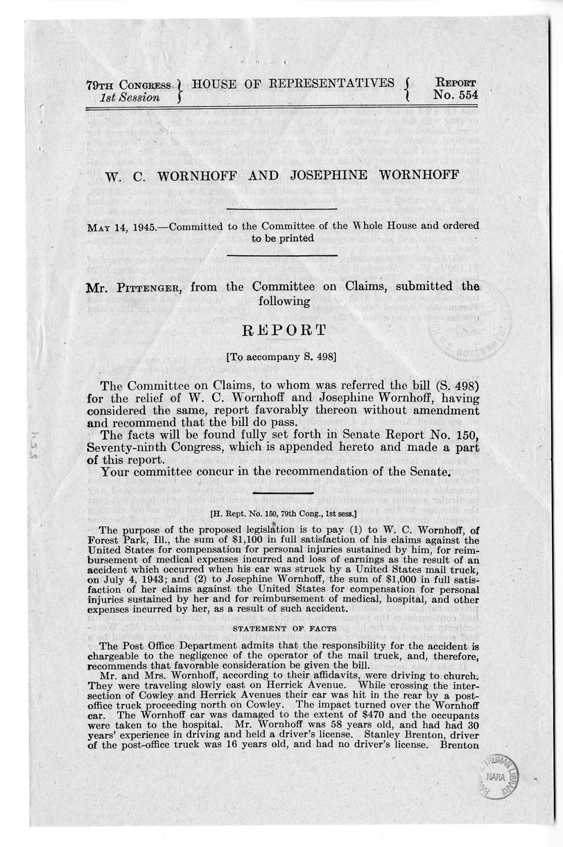 Memorandum from Frederick J. Bailey to M. C. Latta, S. 498, For the Relief of W. C. Wornhoff and Josephine Wornhoff, with Attachments