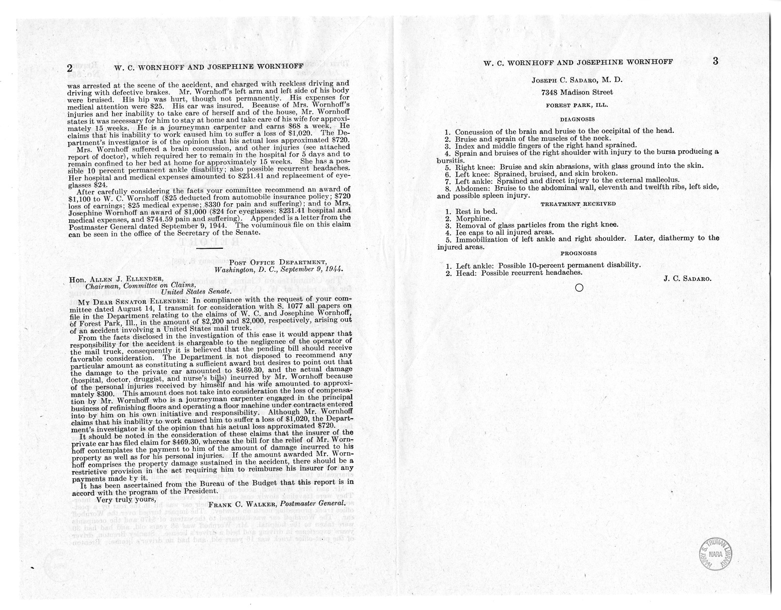 Memorandum from Frederick J. Bailey to M. C. Latta, S. 498, For the Relief of W. C. Wornhoff and Josephine Wornhoff, with Attachments