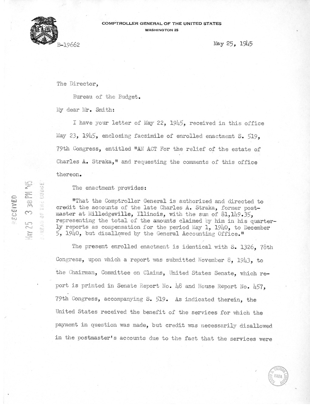 Memorandum from Frederick J. Bailey to M. C. Latta, S. 519, for the Relief of the Estate of Charles A. Straka, with Attachments