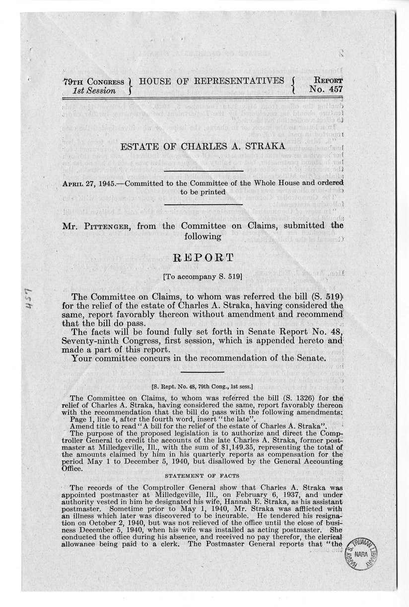 Memorandum from Frederick J. Bailey to M. C. Latta, S. 519, for the Relief of the Estate of Charles A. Straka, with Attachments