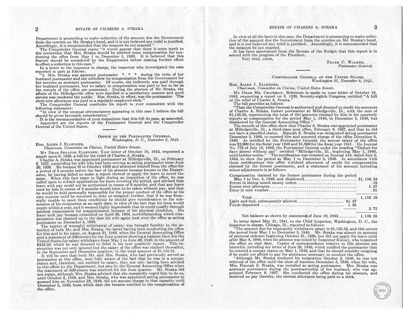 Memorandum from Frederick J. Bailey to M. C. Latta, S. 519, for the Relief of the Estate of Charles A. Straka, with Attachments