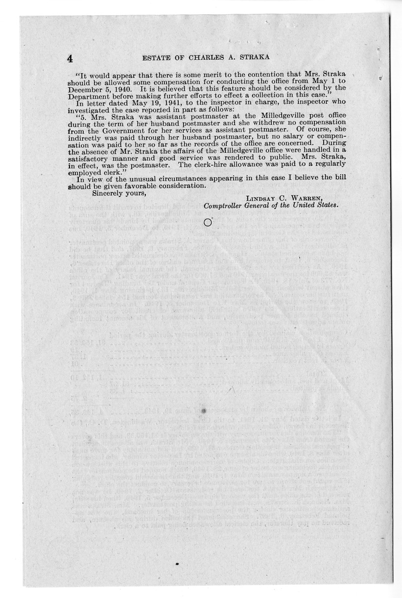 Memorandum from Frederick J. Bailey to M. C. Latta, S. 519, for the Relief of the Estate of Charles A. Straka, with Attachments