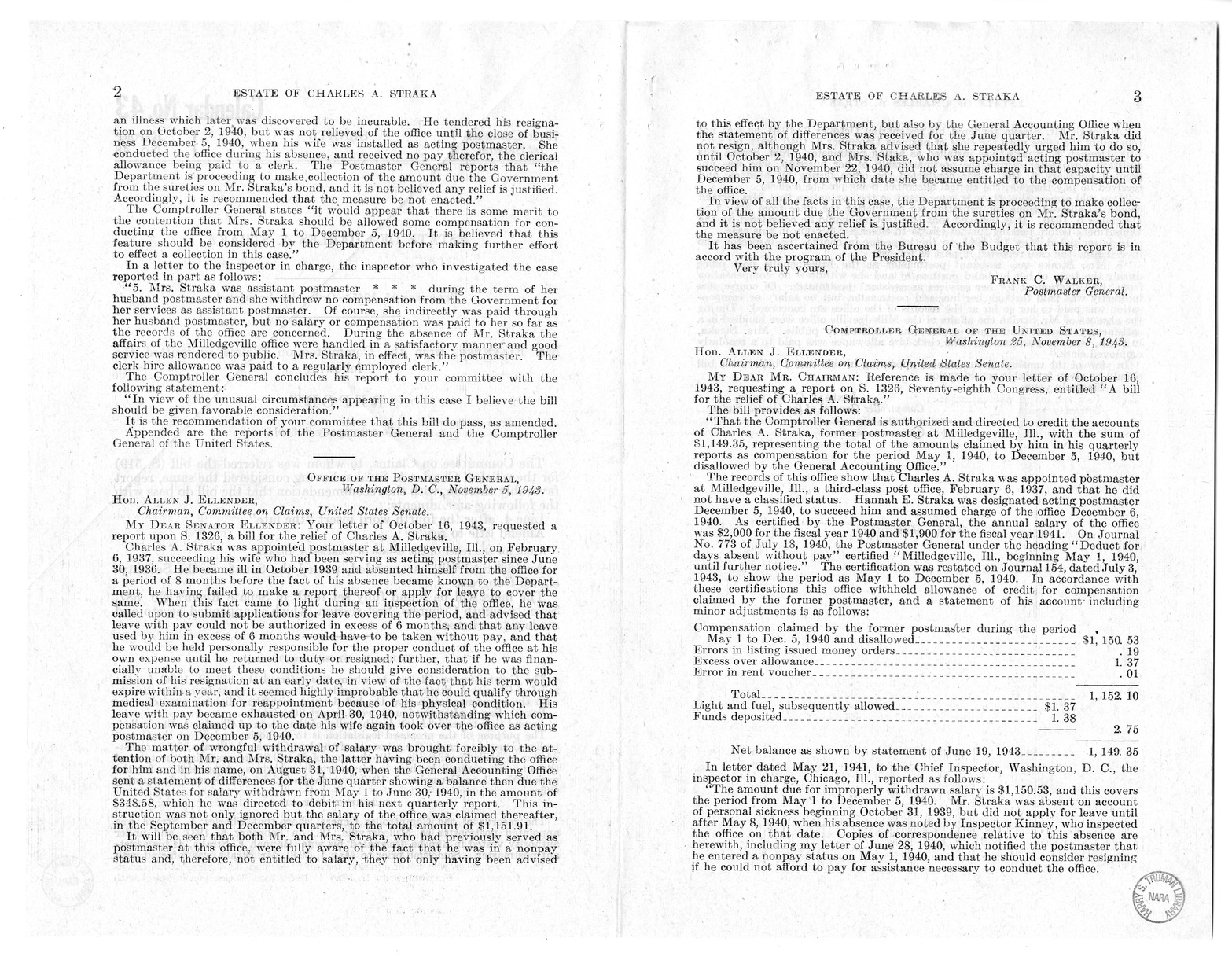 Memorandum from Frederick J. Bailey to M. C. Latta, S. 519, for the Relief of the Estate of Charles A. Straka, with Attachments