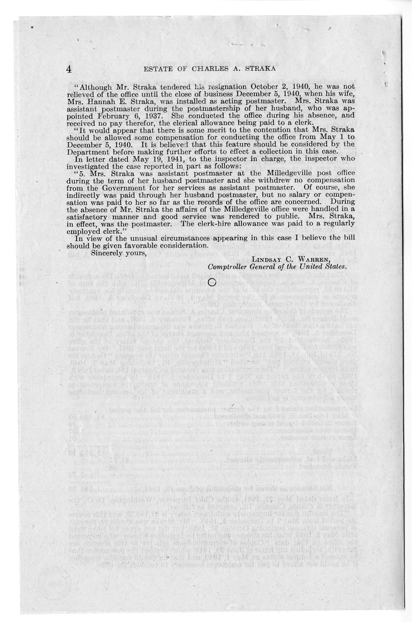 Memorandum from Frederick J. Bailey to M. C. Latta, S. 519, for the Relief of the Estate of Charles A. Straka, with Attachments